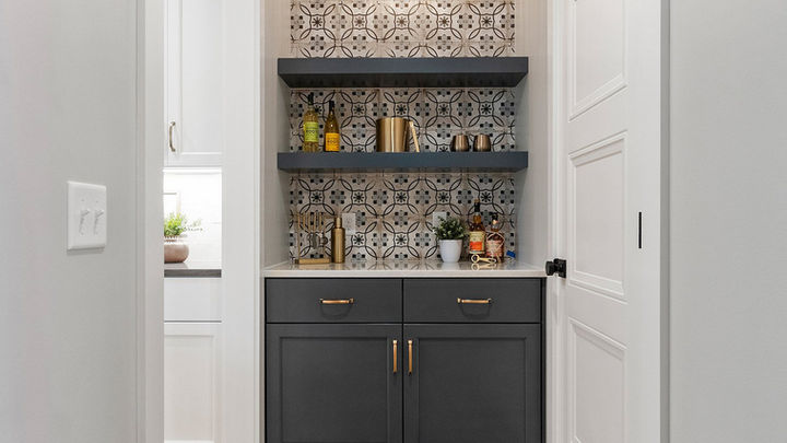 Coffee Bar - Cool Tile - Cool Backsplash - Black and White Backsplash - Floating Shelves - Quality Crafted Homes