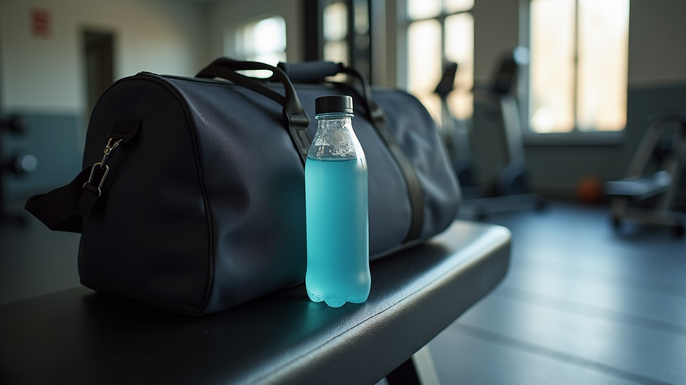 Close-up of a gym bag and water bottle on a bench