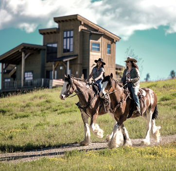 Guest horseback riding a Clydesdale horse on scenic trails at Clydesdale Outpost, a luxury guest ranch in Whitefish, Montana