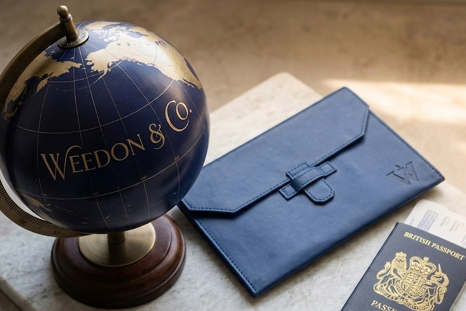A curated travel scene representing the Weedon & Co. philosophy, featuring the navy Newhide Ledger alongside a vintage-style globe and passport on a marble surface.
