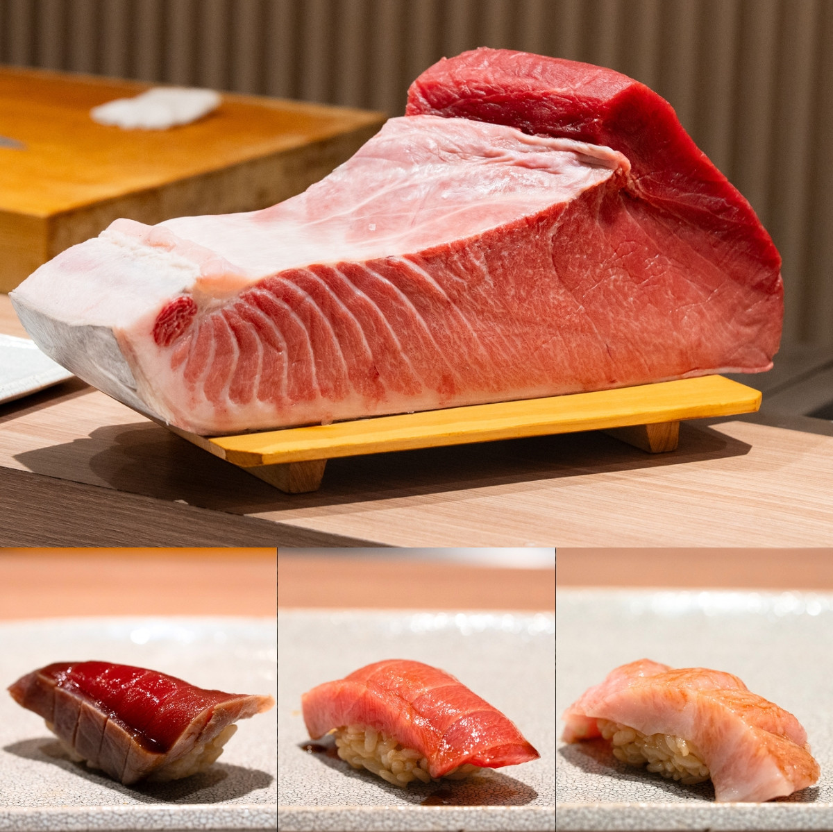 Three aged Nagasaki wild bluefin tuna sushi pieces Akami Chutoro and Otoro trilogy at Sushi Yorokobu BKK