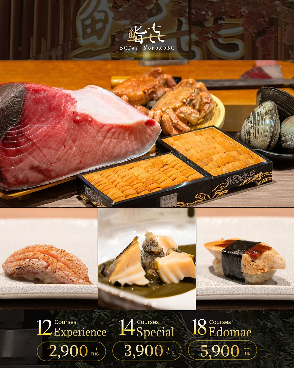 A trio of premium Omakase dishes at Sushi Yorokobu BKK: A slice of marbled Nagasaki Chutoro, a serving of creamy Aomori Ankimo (Monkfish Liver), and tender slow-cooked Awabi (Abalone) with its rich, dark liver sauce. The ingredients are beautifully plated on artisanal ceramic, set against the warm wooden tones of our Thonglor counter.