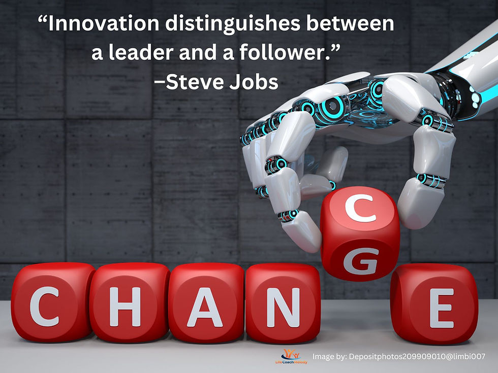 Robot hand and red cubes Chance Change and quote, “Innovation distinguishes between a leader and a follower.” –Steve Jobs