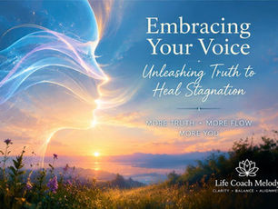 Beautiful mountain sunset with a female face silhouette whispering in the clouds and the words "Embracing Your Voice, Unleashing Truth to Heal Stagnation - MORE TRUTH - MORE FLOW - MORE YOU."