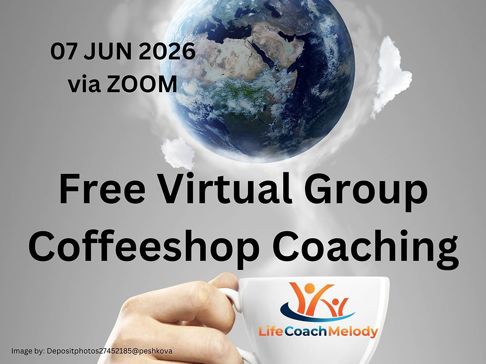 Hand holding white coffee cup with world globe showing through the steam and the words, "Free Virtual Group Coffeeshop Coaching 07JUN2026 via zoom.