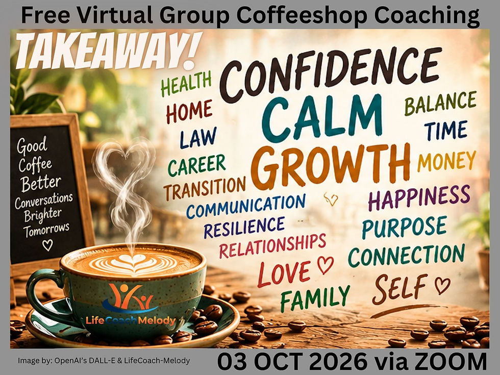 Coffee cup with rising steam surrounded by a word cloud and the main words “Confidence, Calm, and Growth,” symbolizing finding inner calm and strength through change. Also, the words, "Takeaway from Free Virtual Coffeeshop Coaching 04OCT2026 via zoom.”