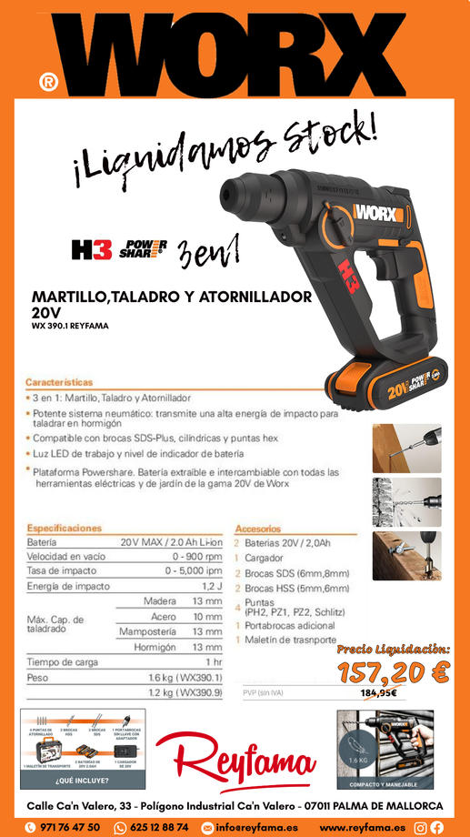 MARTILLO TALADRO ATORNILLADOR 3en1 20V-WX390.1 -WORX-REYFAMA-3