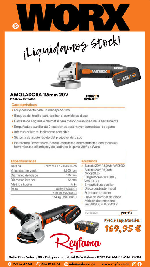AMOLADORA 115mm 20V A BATERIA-WX800.2-WORX-REYFAMA-8