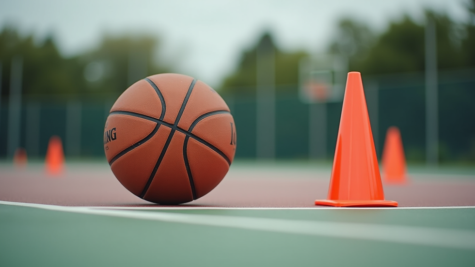 Close-up view of a basketball on a court with training cones in the background