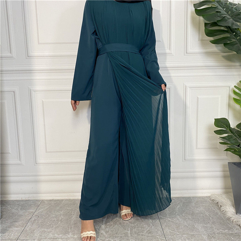 الصورة المصغرة: Simple Abaya Jumpsuit With Attached Pleated Chiffon Overlayer