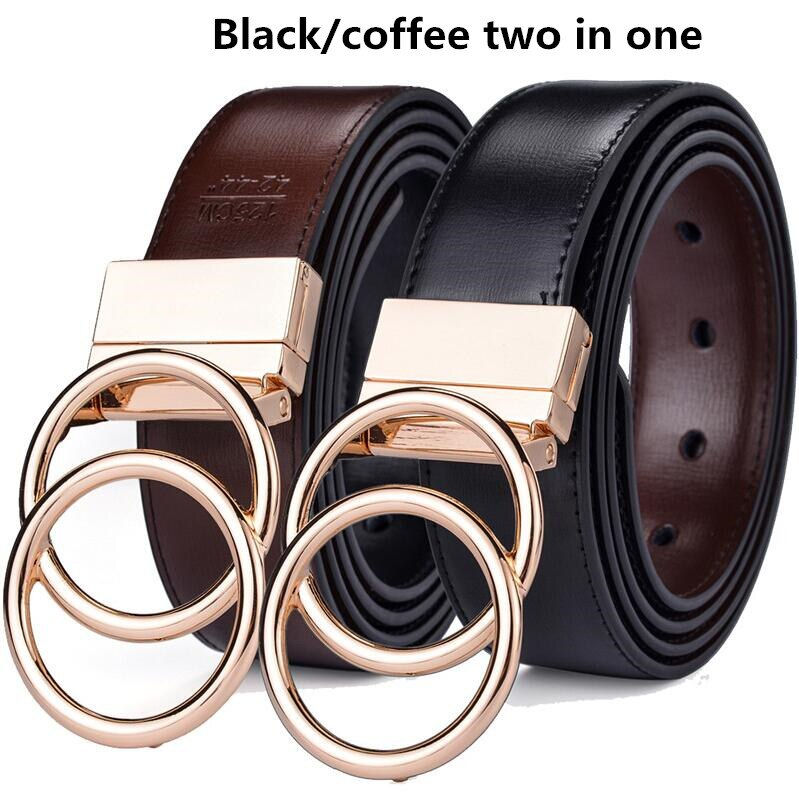 Thumbnail: Beltox Women Reversible Leather Belt 2 in 1 Rotated 2 Rings Gold
