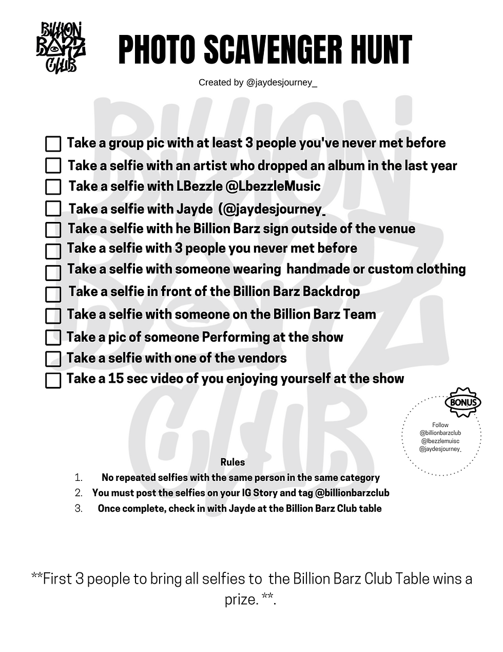 Billion Barz Club Scavenger Hunt