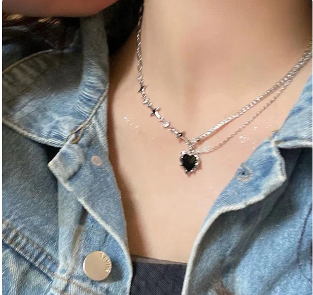 Thumbnail: Titanium Steel Gothic Double Layer Rhinestone Heart Pendant Necklace