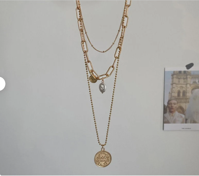 縮圖：Bohemian Multilayer Thick Chain Pendant Necklace Fashion Pearl Coin Geometric Ne
