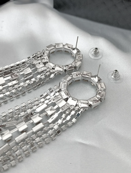 縮圖：Silver Crystal Circle Chandelier Earrings, Drop Earrings, Dangle Earrings, Dangl