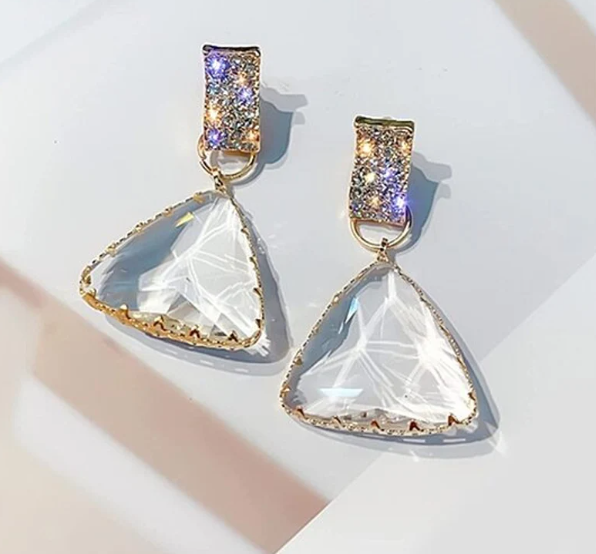 縮圖：Silver Crystal Earring, Elegant Triangle Gold Earrings, Minimalism Sterling, Dro