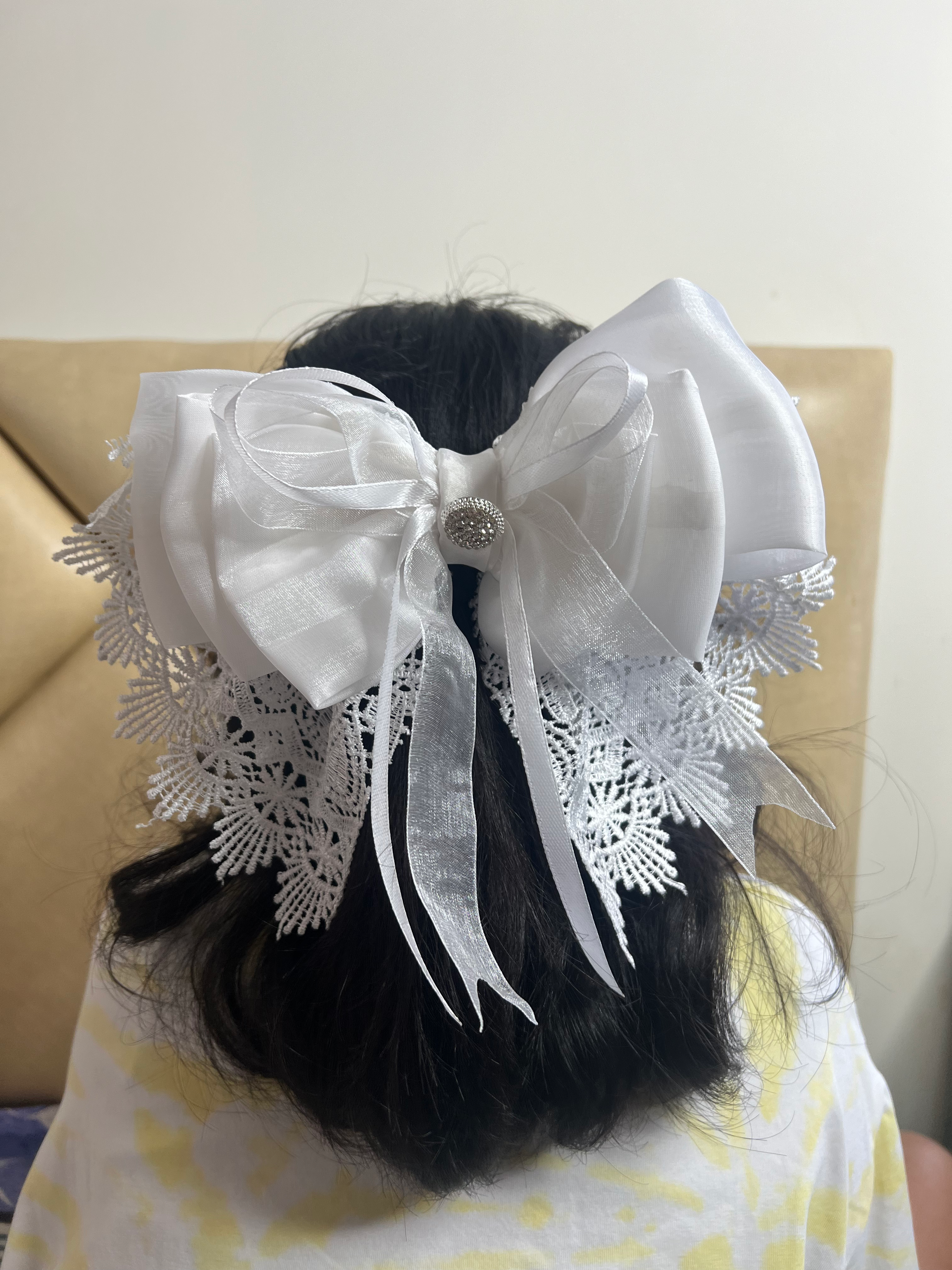 Princess Handcrafted Satin Hair Bow -white front