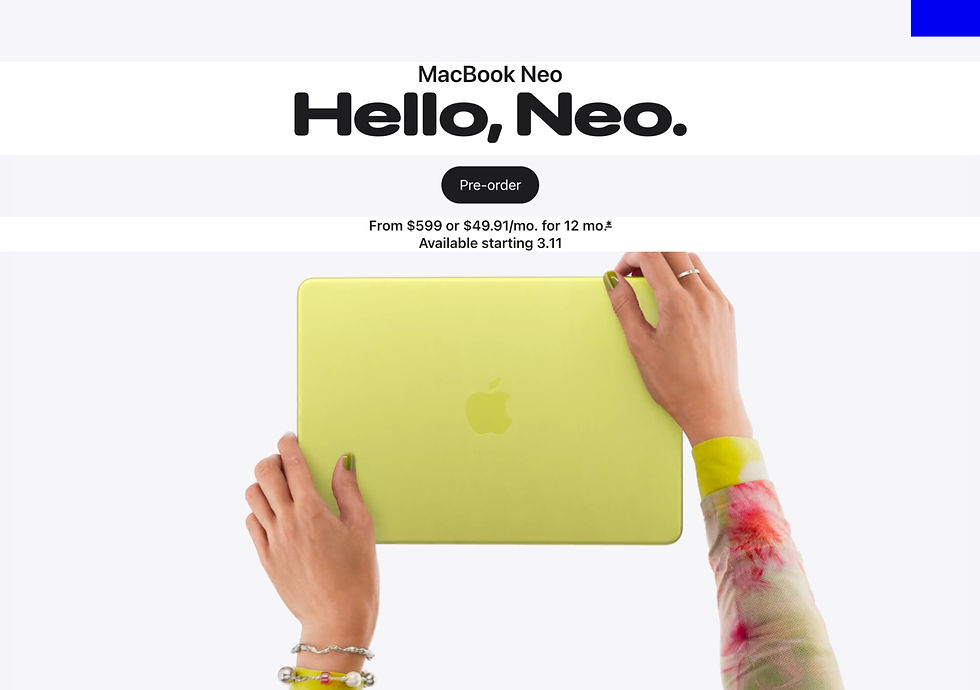 Promotional landing page concept featuring a lime green laptop held by two hands, with bold typography, product pricing and a pre-order call to action. Example of modern web design, visual hierarchy and digital product presentation.