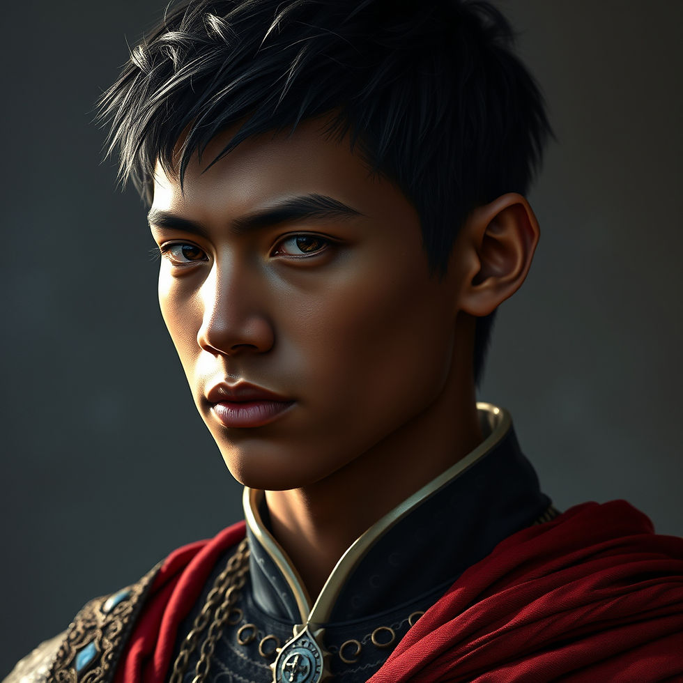 teenage male, dark skin, asian and african american, medieval, regal with short black hair