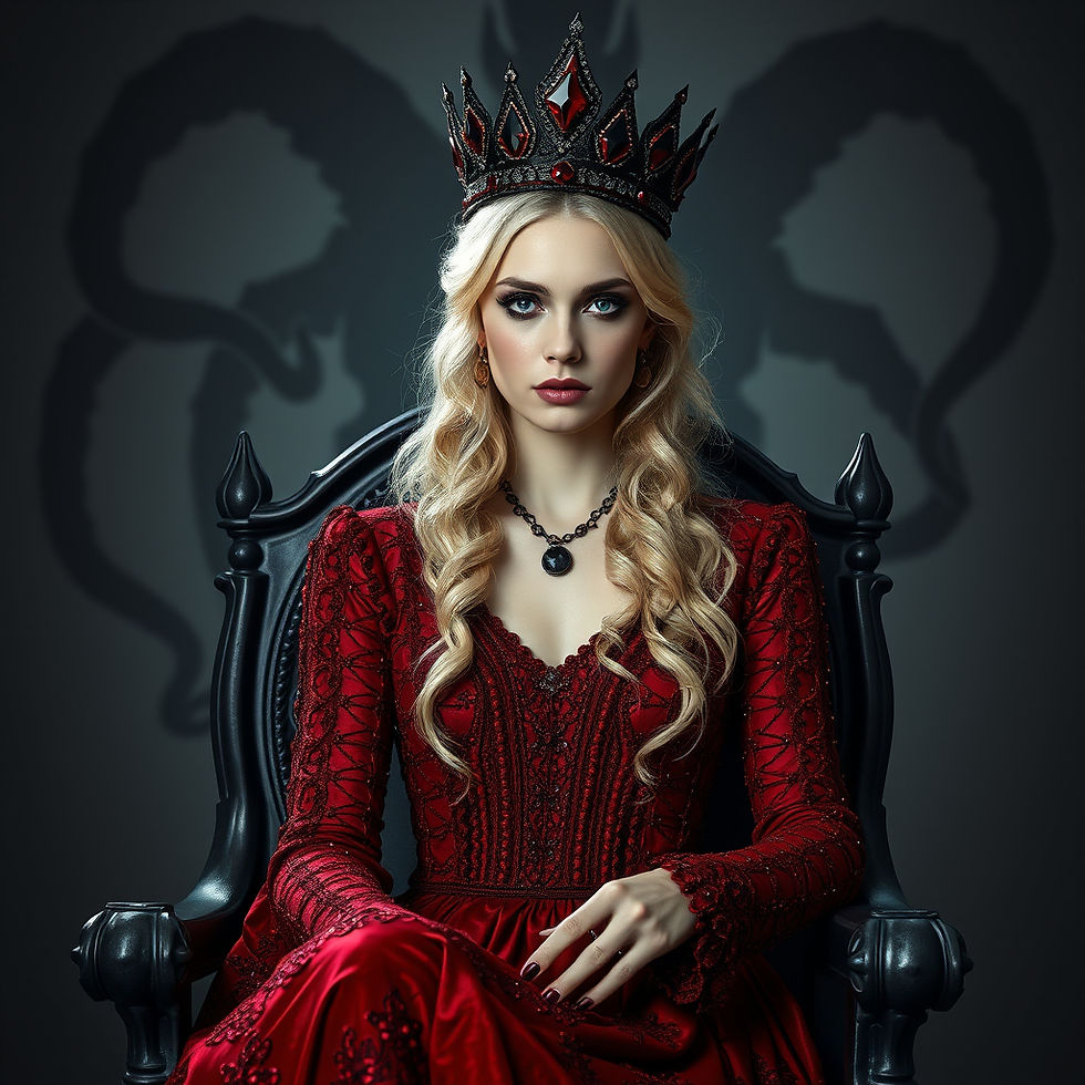 beautiful blonde sullen woman germanic medieval queen in a crystal red beaded dress with a