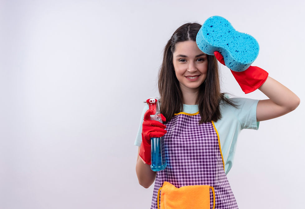 young-beautiful-girl-apron-rubber-gloves-holding-cleaning-spray-showing-sponge-smiling-che