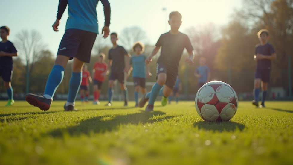 Eye-level view of a football training session with young players practicing skills