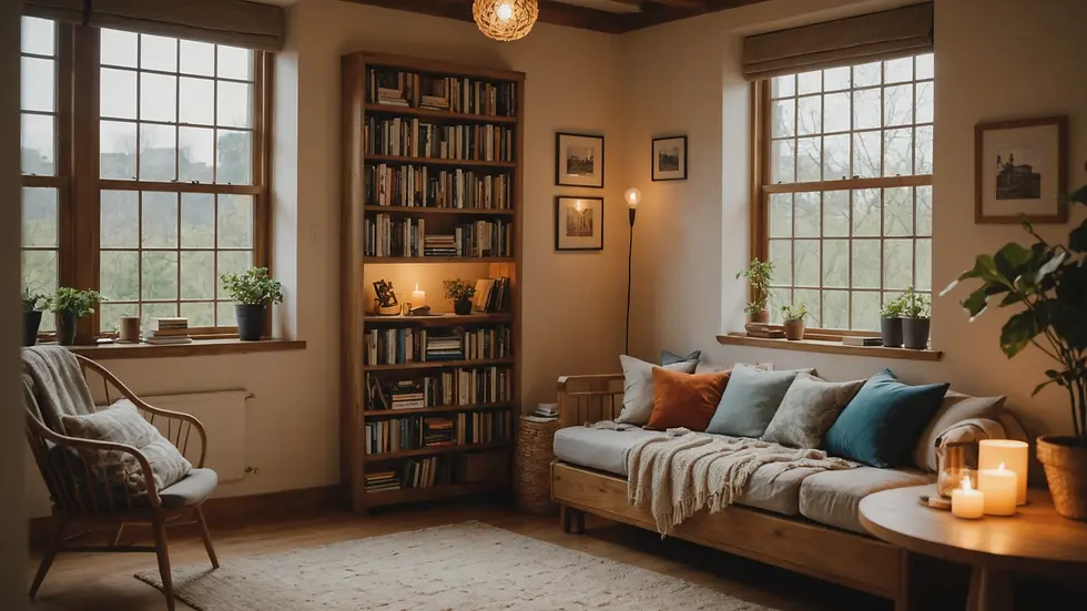 Eye-level view of a cozy reading nook with therapeutic materials
