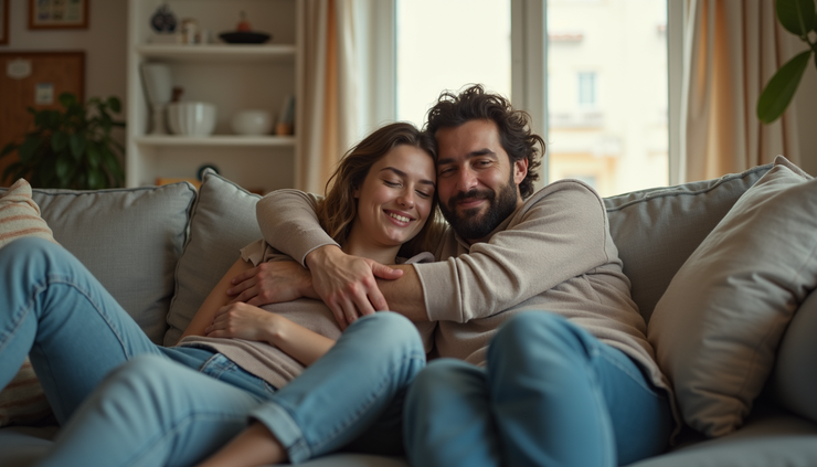 Augenhöhe einer entspannten Paarumarmung auf dem Sofa im Wohnzimmer