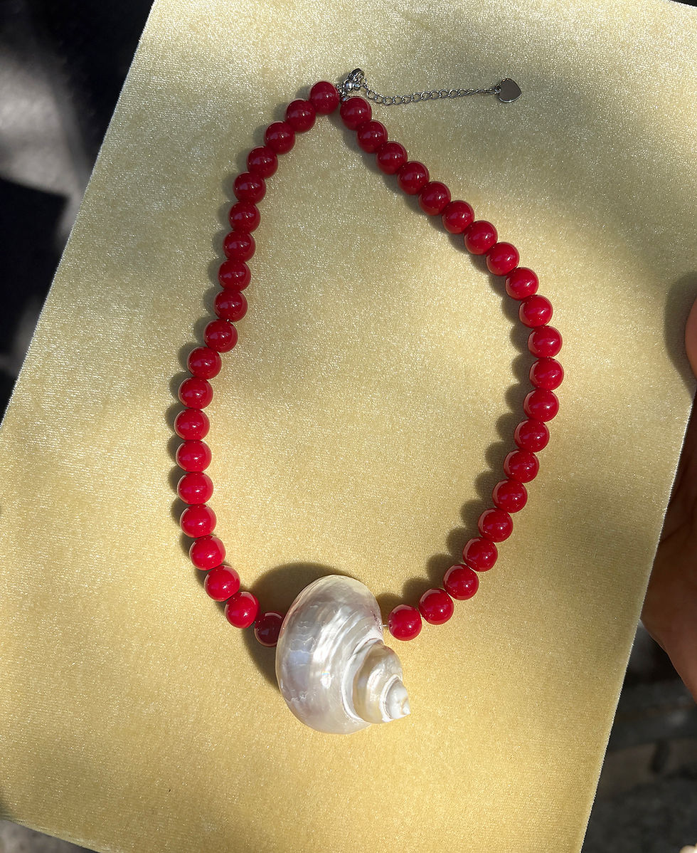 Real conch shell pendant necklace with glossy red beads and adjustable chain, bold beach inspired statement necklace