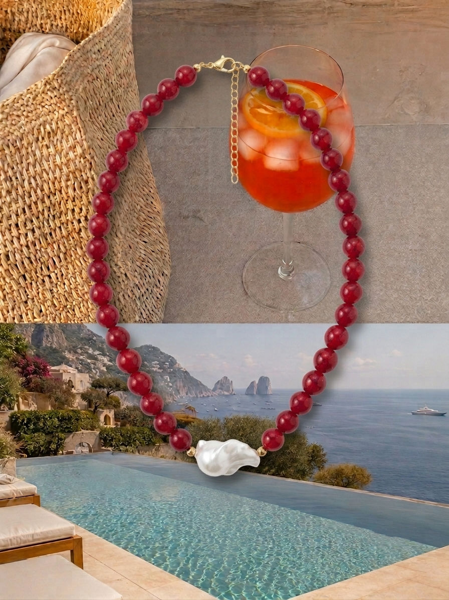 Thumbnail: red color Gemstone Necklace with Baroque Freshwater Pearl