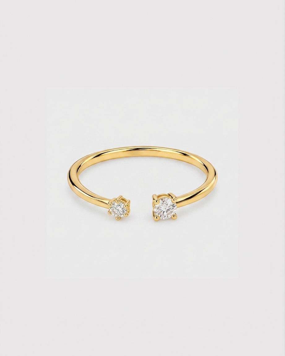 Gold open cuff ring with two round clear stones, adjustable open ring, front view
