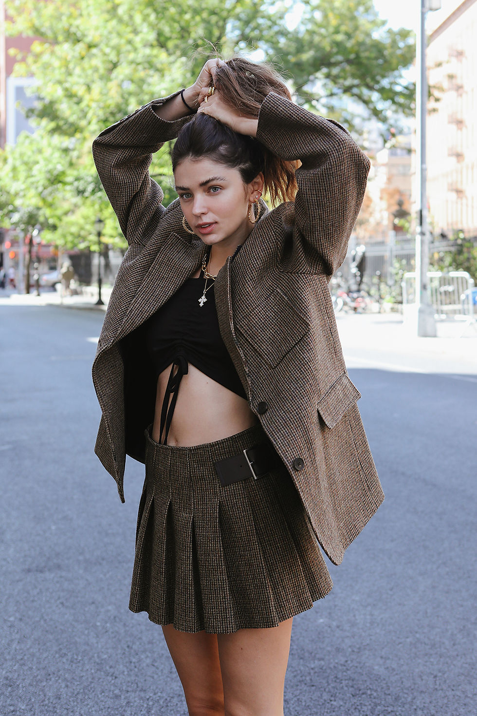 Thumbnail: 100% wool brown boxy tweed jacket and skirt
