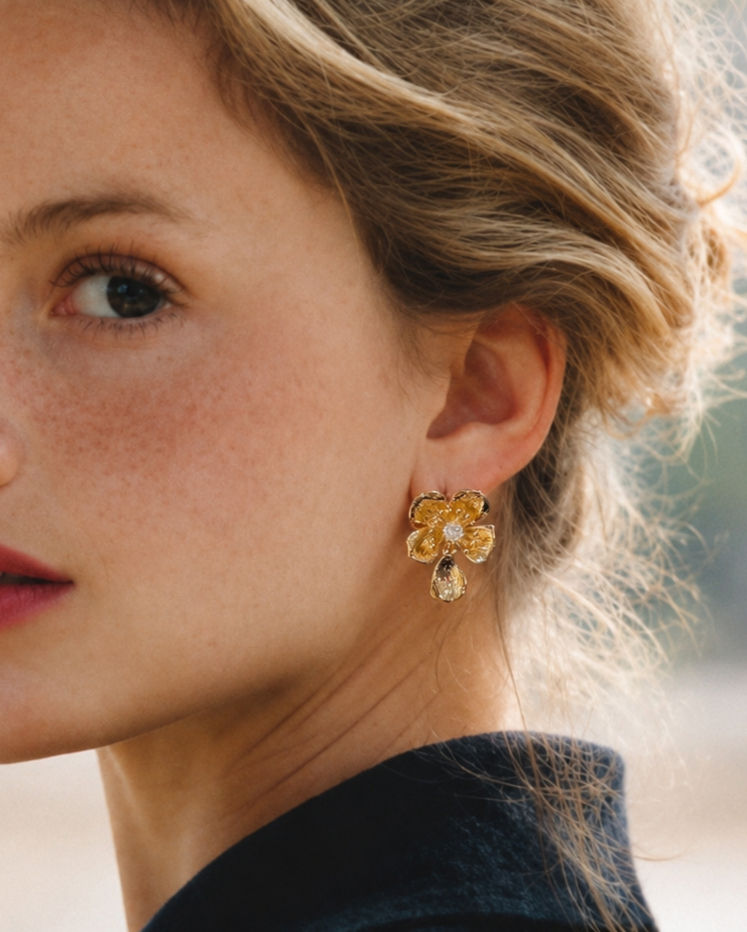 Thumbnail: Gold Floral Drop Flower Statement Earrings