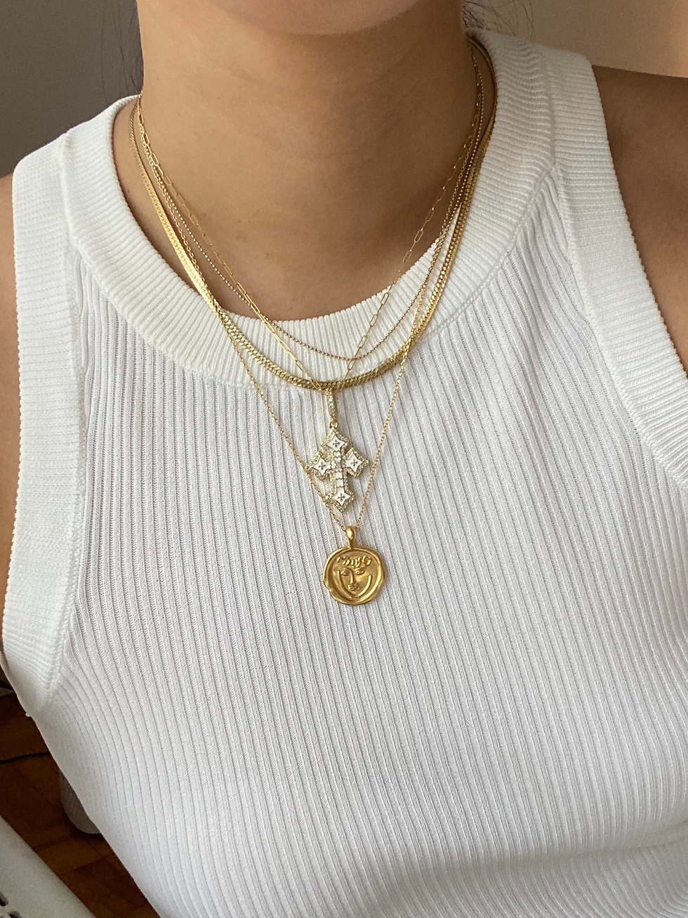 Thumbnail: Dalbit gold filled face coin paper clip chain necklace on model