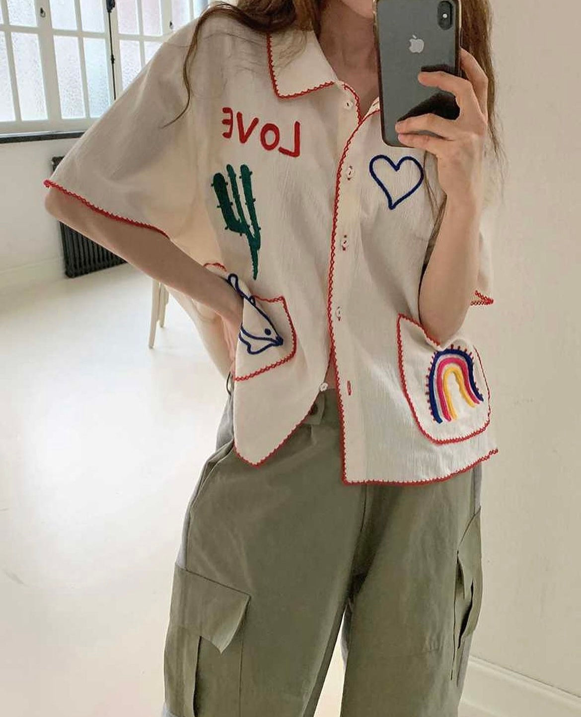 An embroidery love cream color cotton shirts