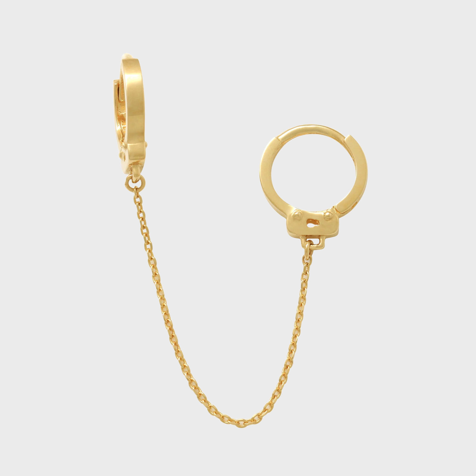 14k solid gold handcuff chain earring for double piercing featuring a huggie hoop and a smaller hoop
