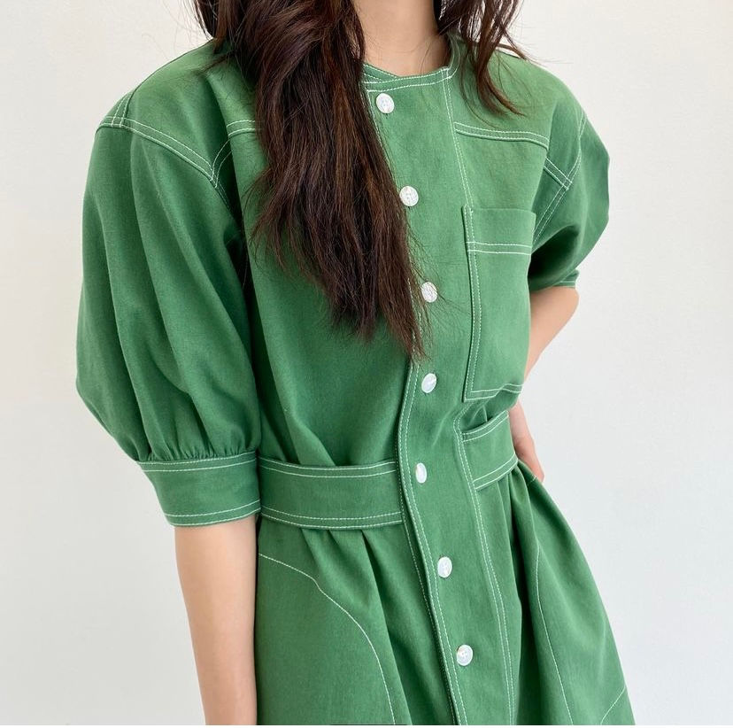 Thumbnail: Green puff sleeve casual dress on a model