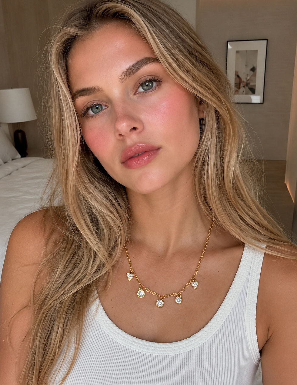 Minimal gold charm necklace with CZ station pendants and delicate chain
