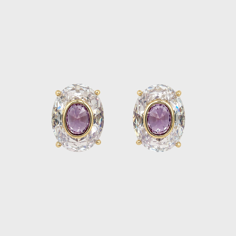 Oval crystal stud earrings with clear outer stone and light purple center, vintage inspired two tone glass design