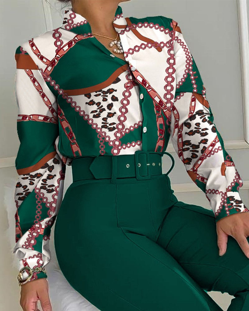Thumbnail: New Trendy Office Ladies Floral Print Blouse and Pants Suit