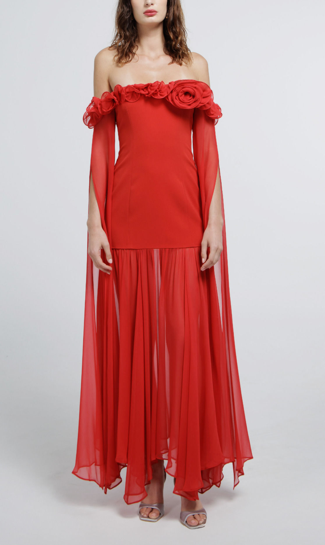Rose Trimmed Off-the-shoulder Chiffon Gown