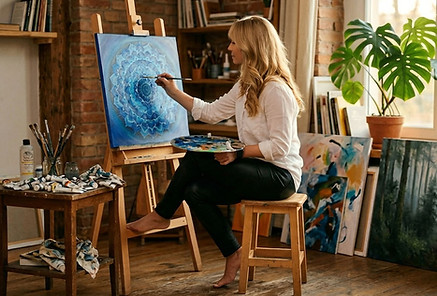 Artist Ewa Mitrega painting a blue mandala artwork in her studio