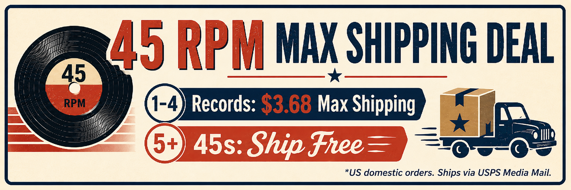 45 RPM Max Shipping Deal: 1 to 4 records ship for $3.68 max shipping. Buy 5 or more 45s and they ship free via USPS Media Mail.