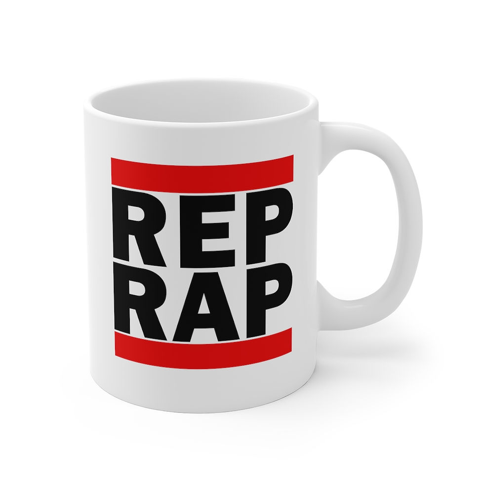 A coffee mug with hip-hop-style text that reads "Rep Rap."