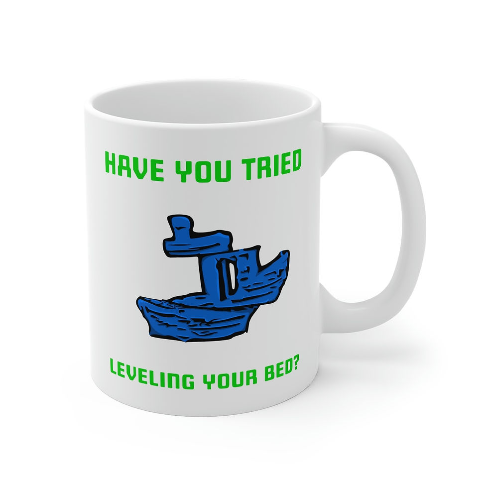 A coffee mug with an image of a messed up 3d printed benchy boat and the words "Have you tried leveling your bed?"