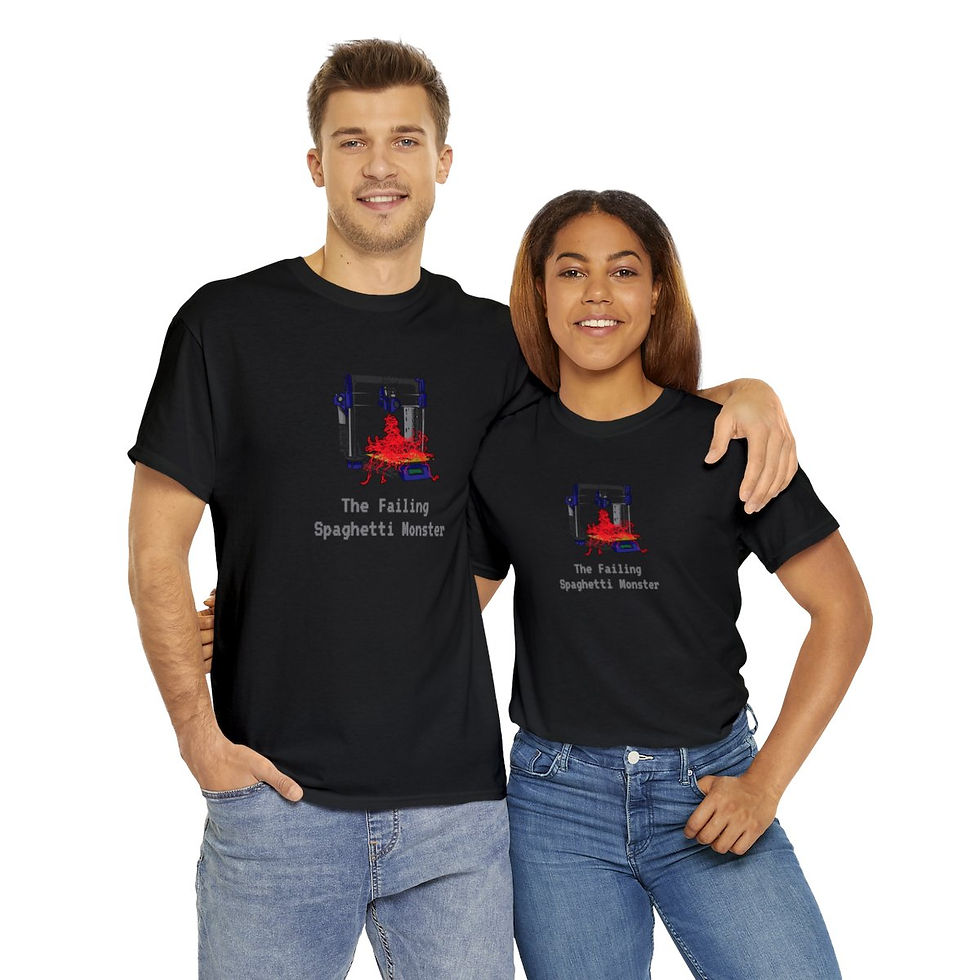 Miniatura: A couple wearing T-shirts with an image of a 3D printer with a failed print that reads "Failing Spaghetti Monster."