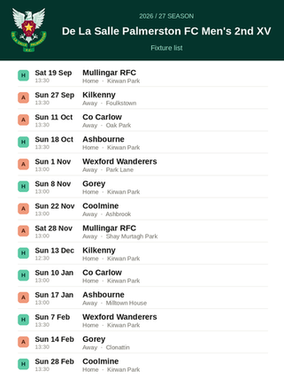 Leinster League 1B Fixtures 2026/7