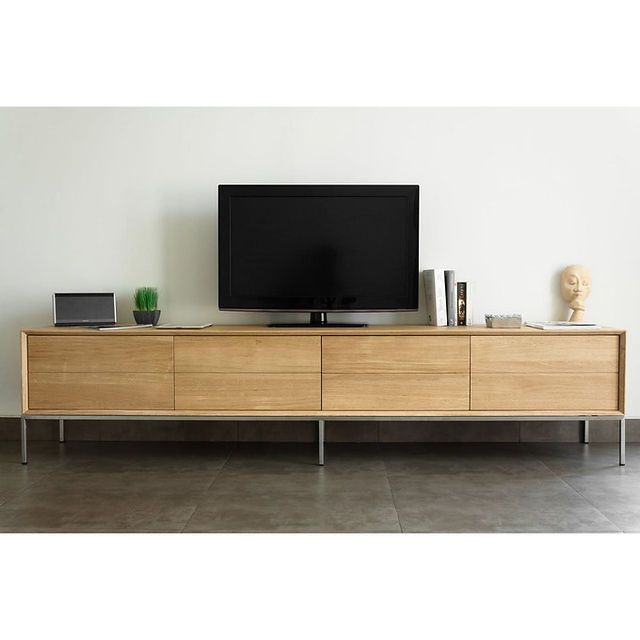 Meuble TV 225cm chêne massif naturel 2 portes rabattables 2 tiroirs style contemporain KUBICO