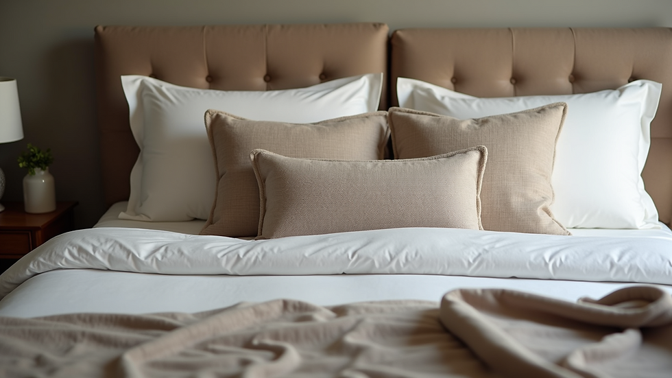 High-angle view of a beautifully made bed with decorative pillows