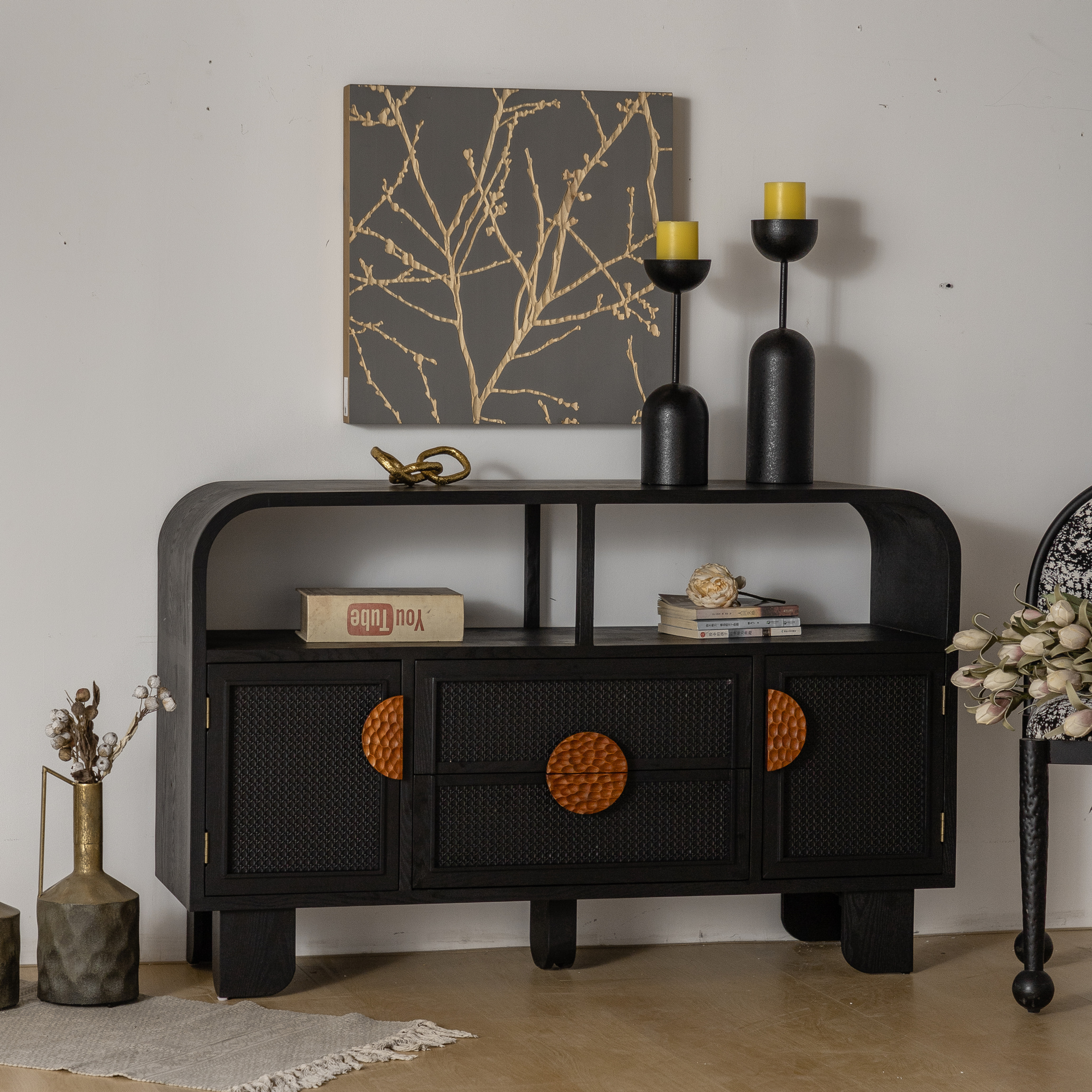 Modern Black Storage Cabinet with Woven Rattan Decorative Doors and Open Shelves